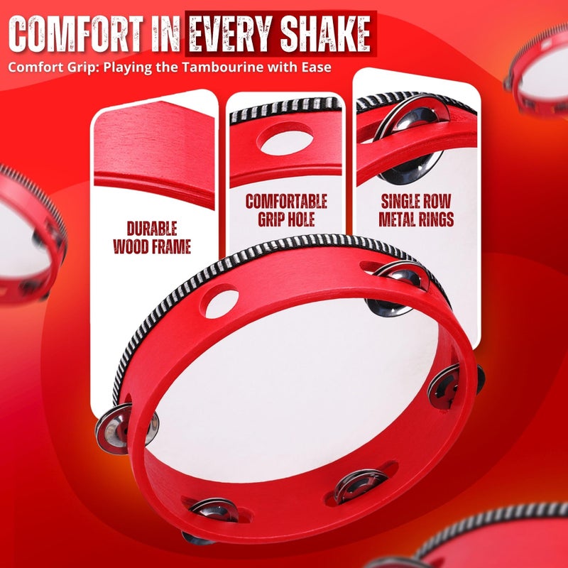 Flexzion Wooden Round Tambourine for Adults 8" Inch Single Row 8 Pair Jingles, Red Handheld Percussion Instrument for Beginner and Professional Tambourine Player - Image 5